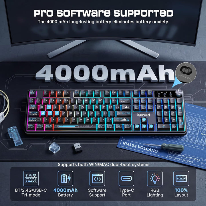 Redragon RM104 Teclado inalámbrico para juegos con perilla, teclado...