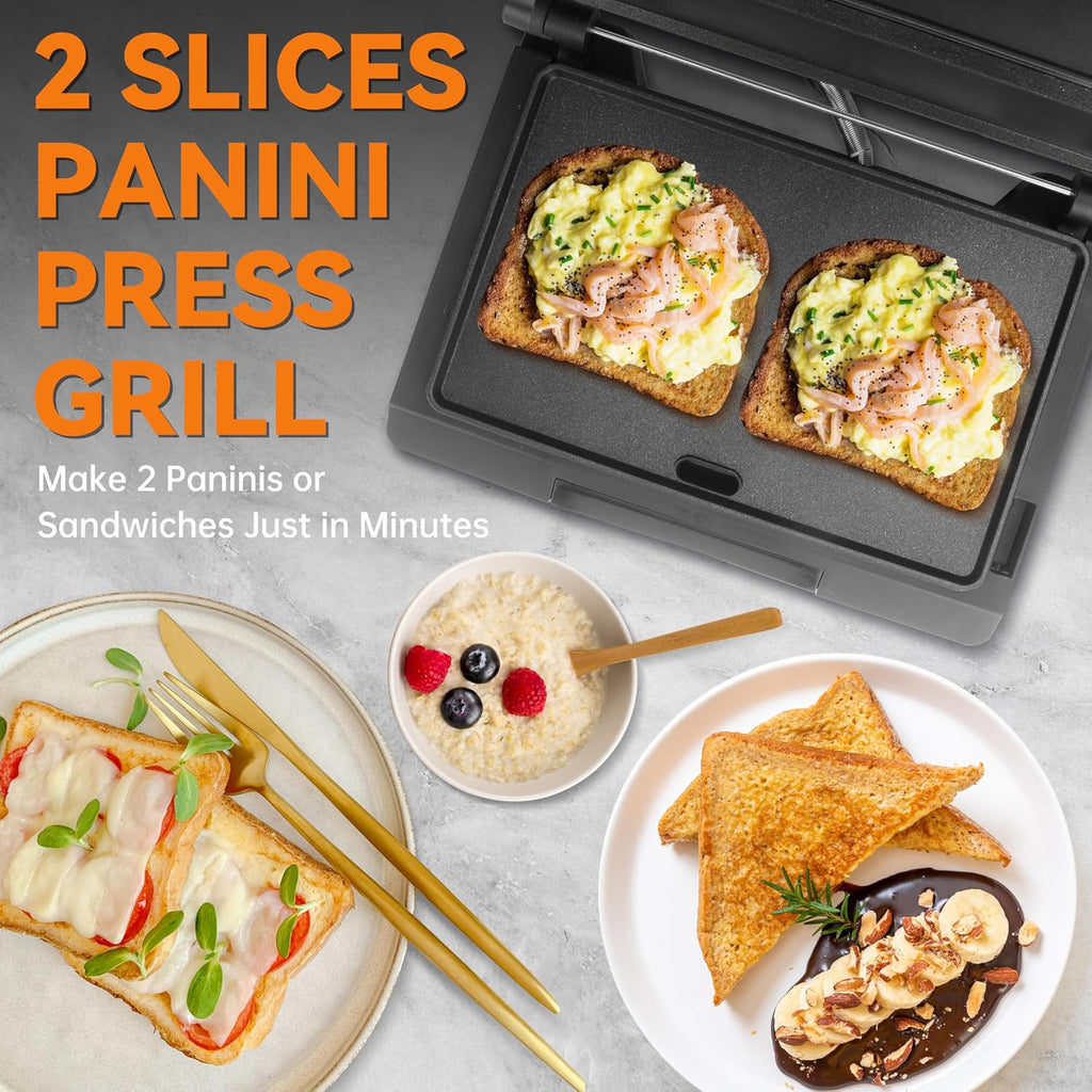 Baker's Friend Mini Panini Press - Plancha eléctrica para panini, 2 rebanadas de parrilla prensa panini para hacer sándwiches, sandwichera eléctrica para panqueques y huevos, bandeja de aceite