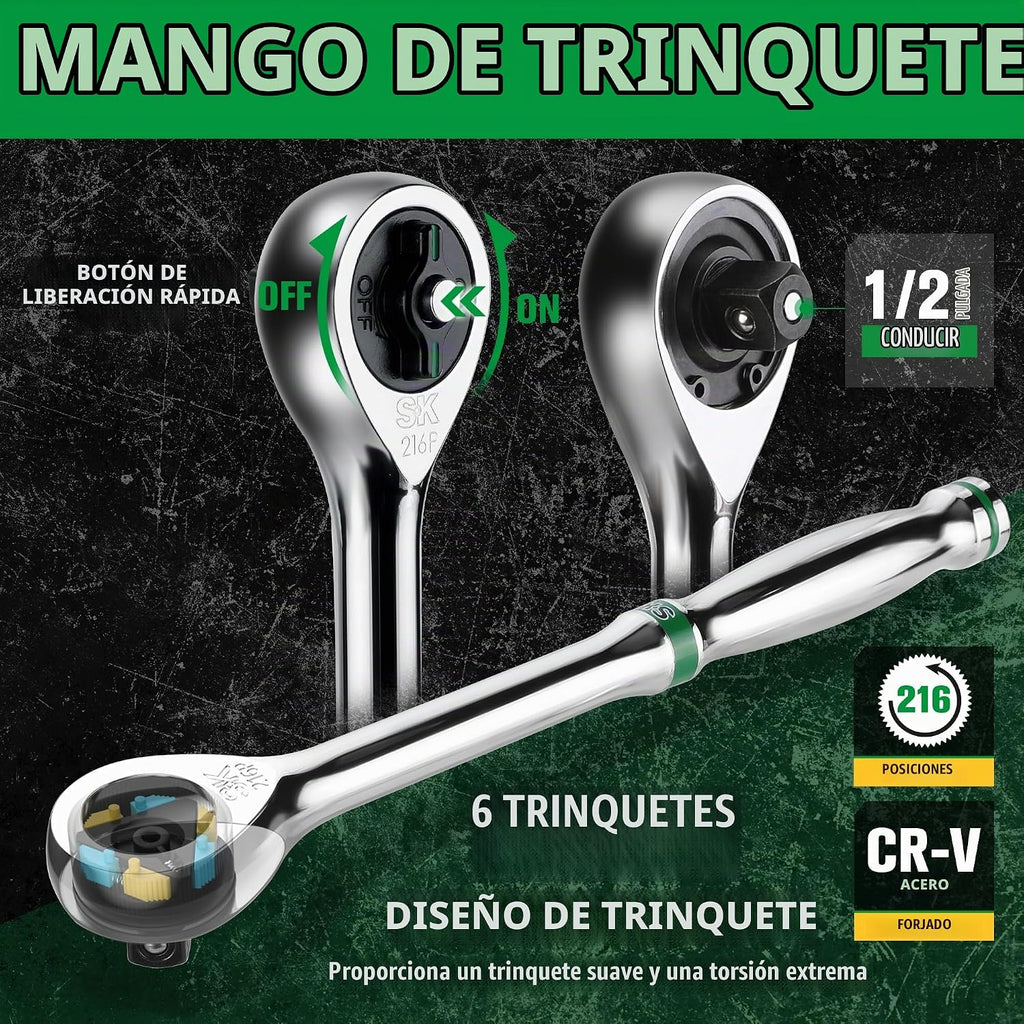 Conjunto de dados de 1/2" de SK con llave dinamométrica de 216-P, 23 piezas, enchufes SAE y métricos