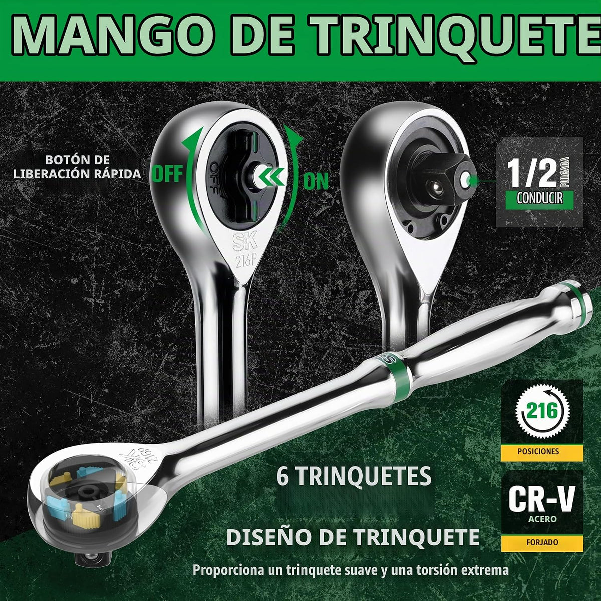 Conjunto de dados de 1/2" de SK con llave dinamométrica de 216-P, 23 piezas, enchufes SAE y métricos