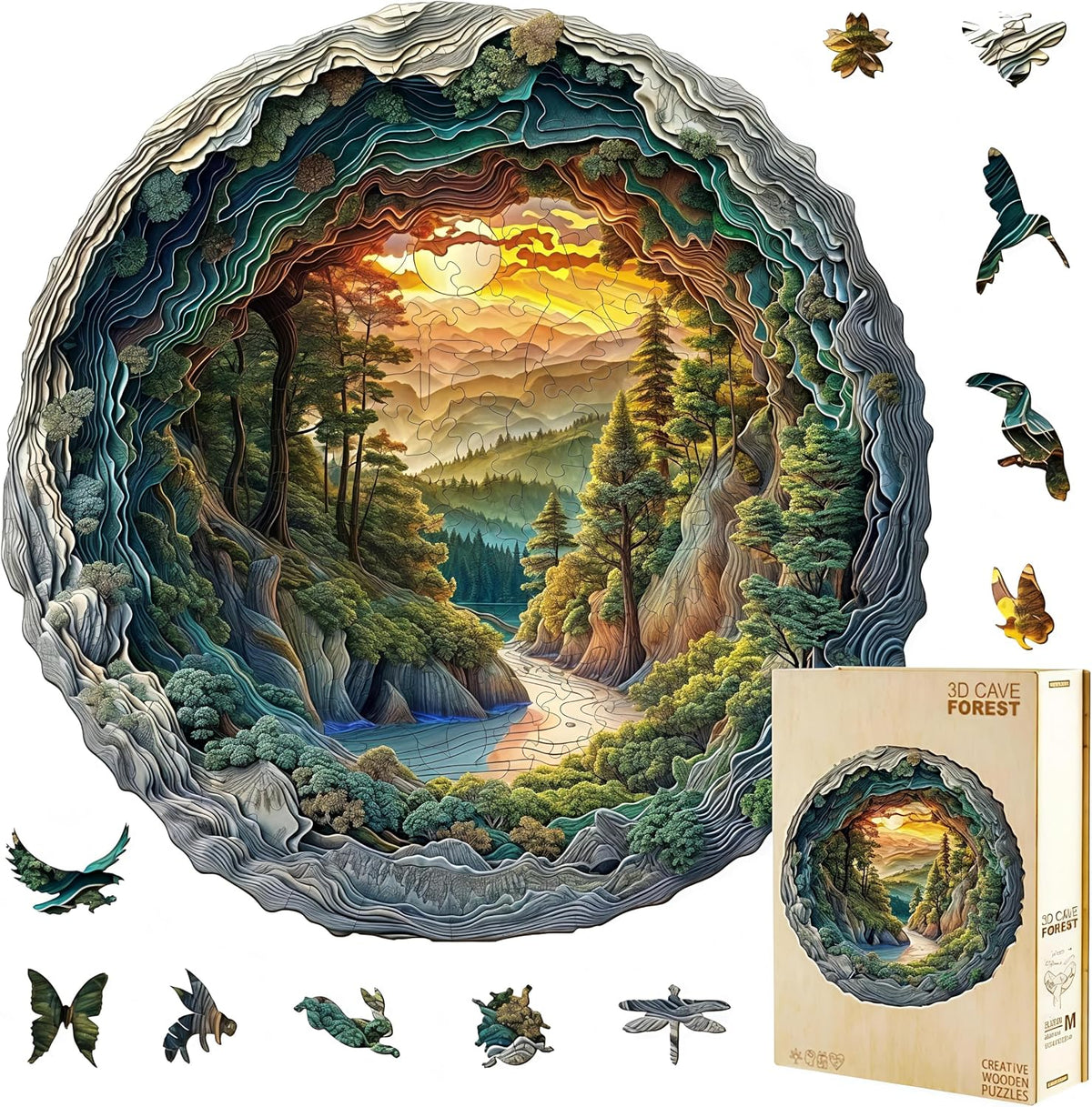 Rompecabezas de madera de 300 piezas, rompecabezas de bosque de cuevas en 3D, rompecabezas desafiantes de madera con forma de animal único ideal para adultos, caja de regalo de madera premium de 13.4 x 13.3 pulgadas