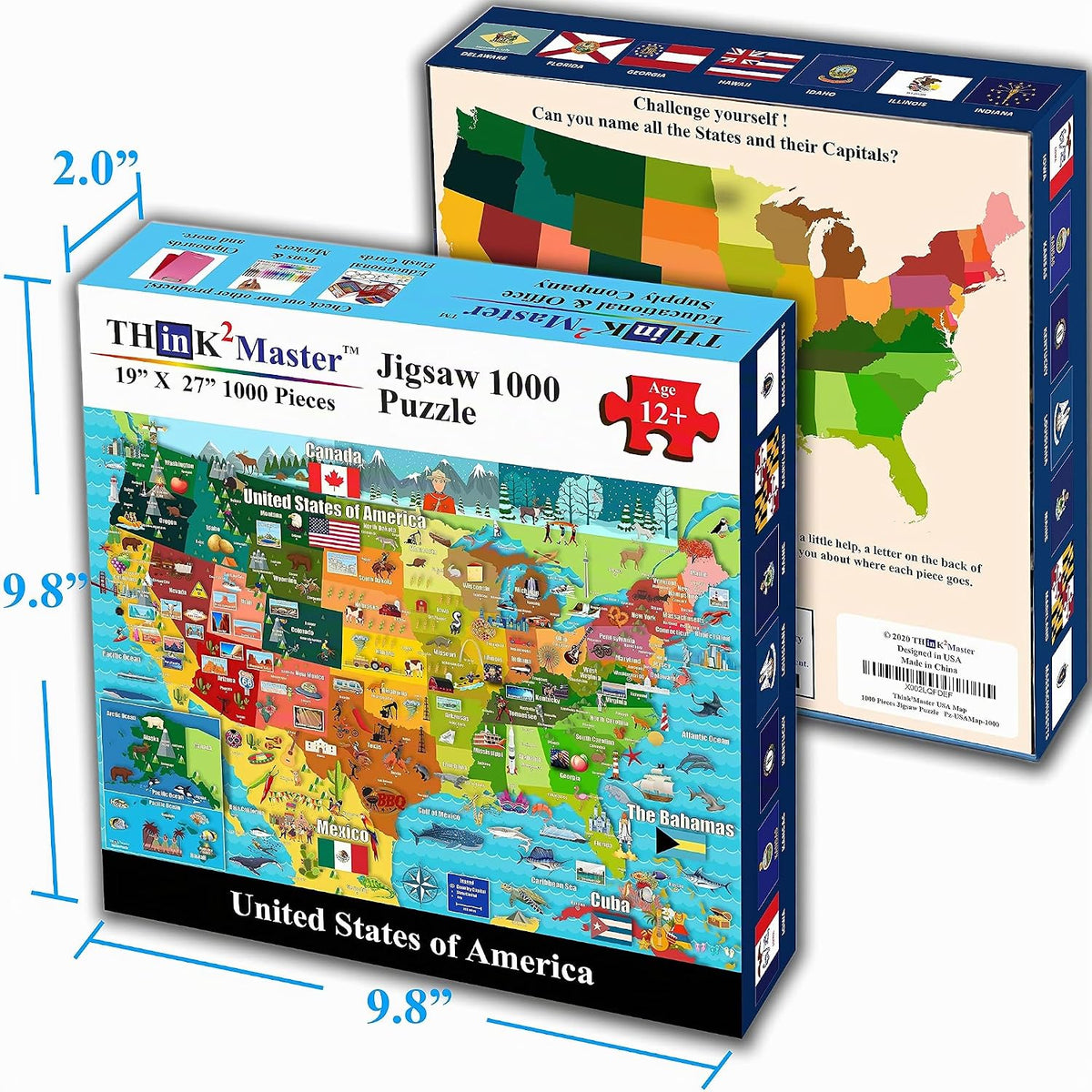 Think2Master Colorido mapa de Estados Unidos 1000 piezas rompecabezas para mayores de 13 años, adultos y familias. Gran regalo educativo para el interés en el mapa de EE. UU. Tamaño: 26.8 "x 18.9"