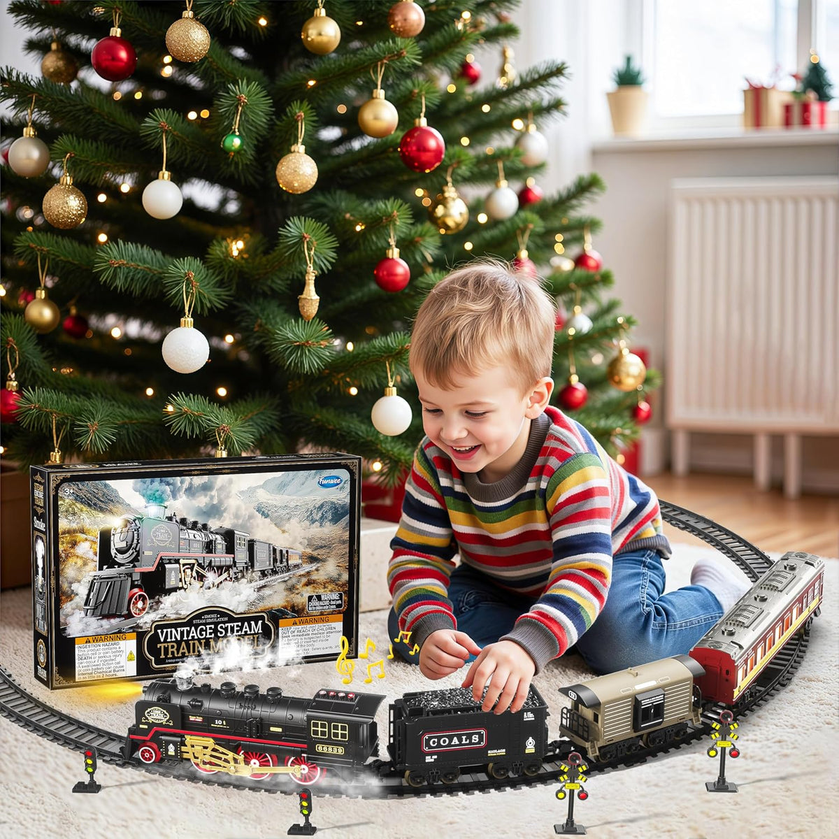 Set de Tren Eléctrico Navideño Funwee con Humo, Luces y Sonido para Niños