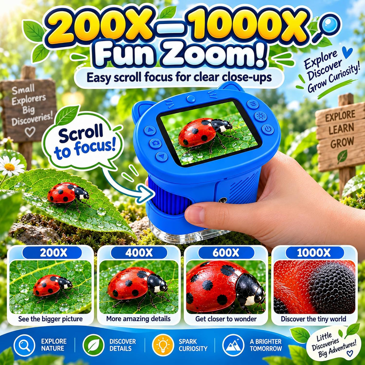 Microscopio para niños, zoom 4K 1000X, pantalla de 2.4", juguete