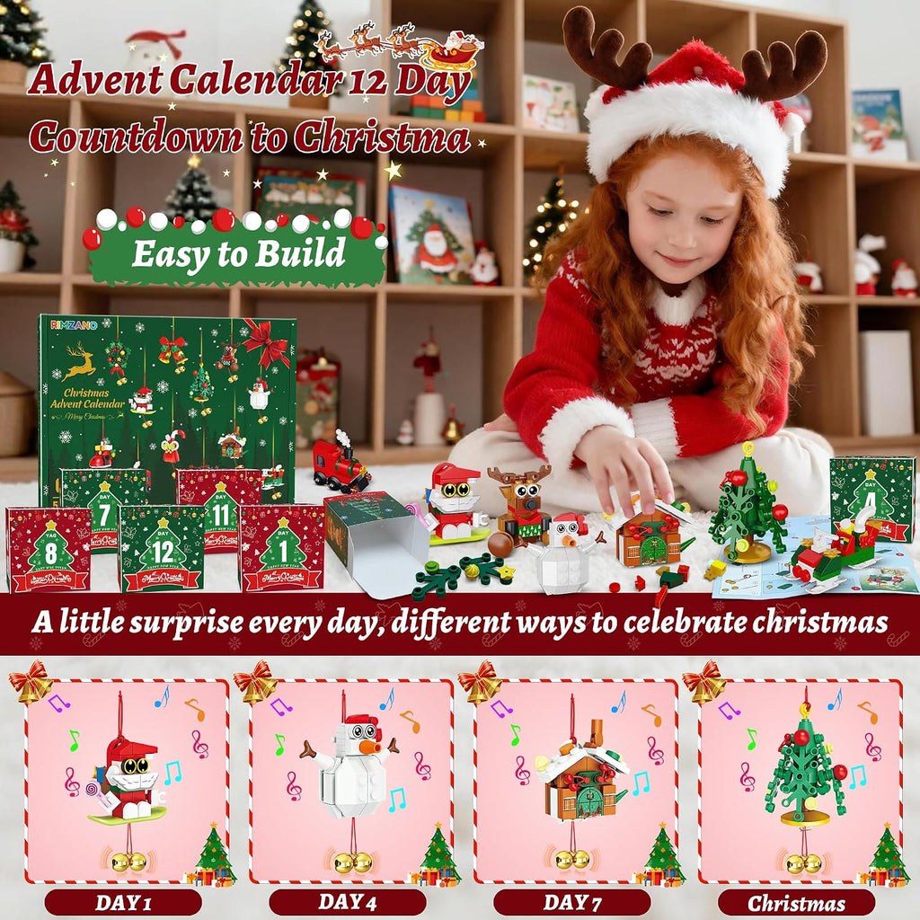 Calendario de Adviento 2026, adornos de Navidad, juego de construcción compatible con Lego, campanas colgantes, corona de Papá Noel, pan de jengibre, reno, 12 modelos