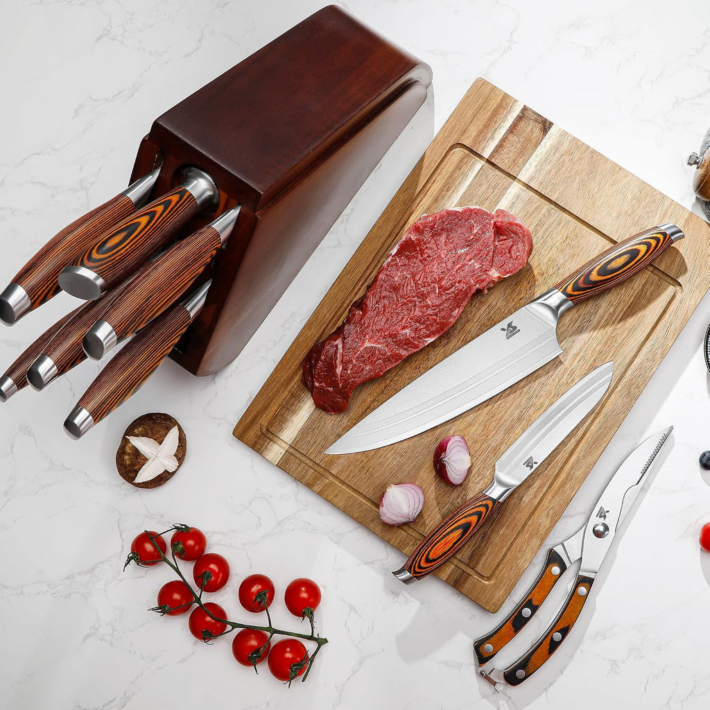 Juego de 9 piezas de cuchillos de cocina con bloque, juego de cuchillos de acero alemán con picador de huesos, mango de madera de Pakka preciosa para juego de cuchillos de chef