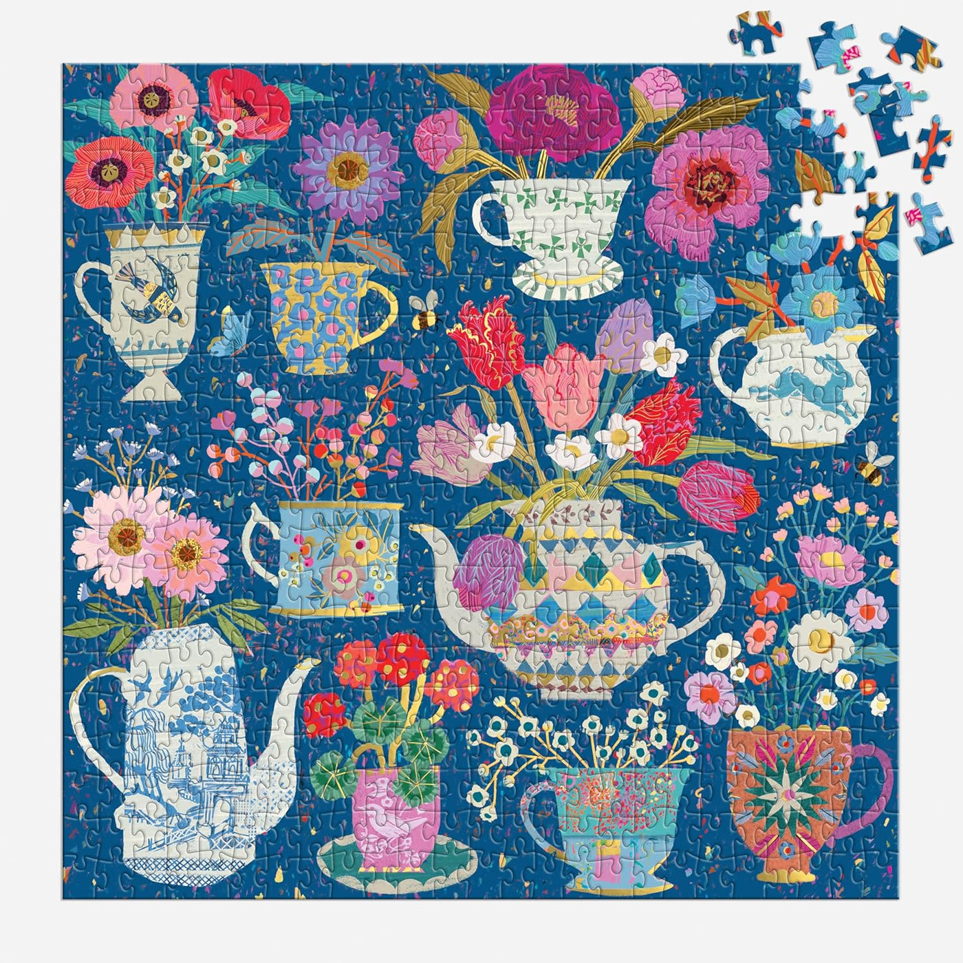 Galison Tazas de té en maceta, rompecabezas de 500 piezas de papel de aluminio con hermosas ilustraciones de tazas de té en maceta con fondo floral