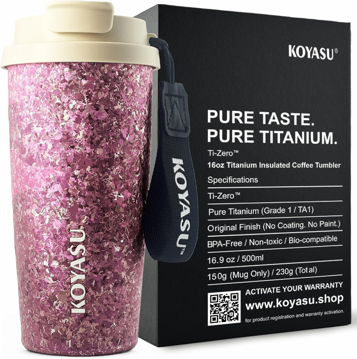 KOYASU Ti-Zero - Vaso de titanio de 16 onzas [amatista cósmica], regalo estético prémium para ella. Frasco de té saludable de sabor cero. Ligero, acabado hipoalergénico con piedras preciosas brillantes para el bienestar