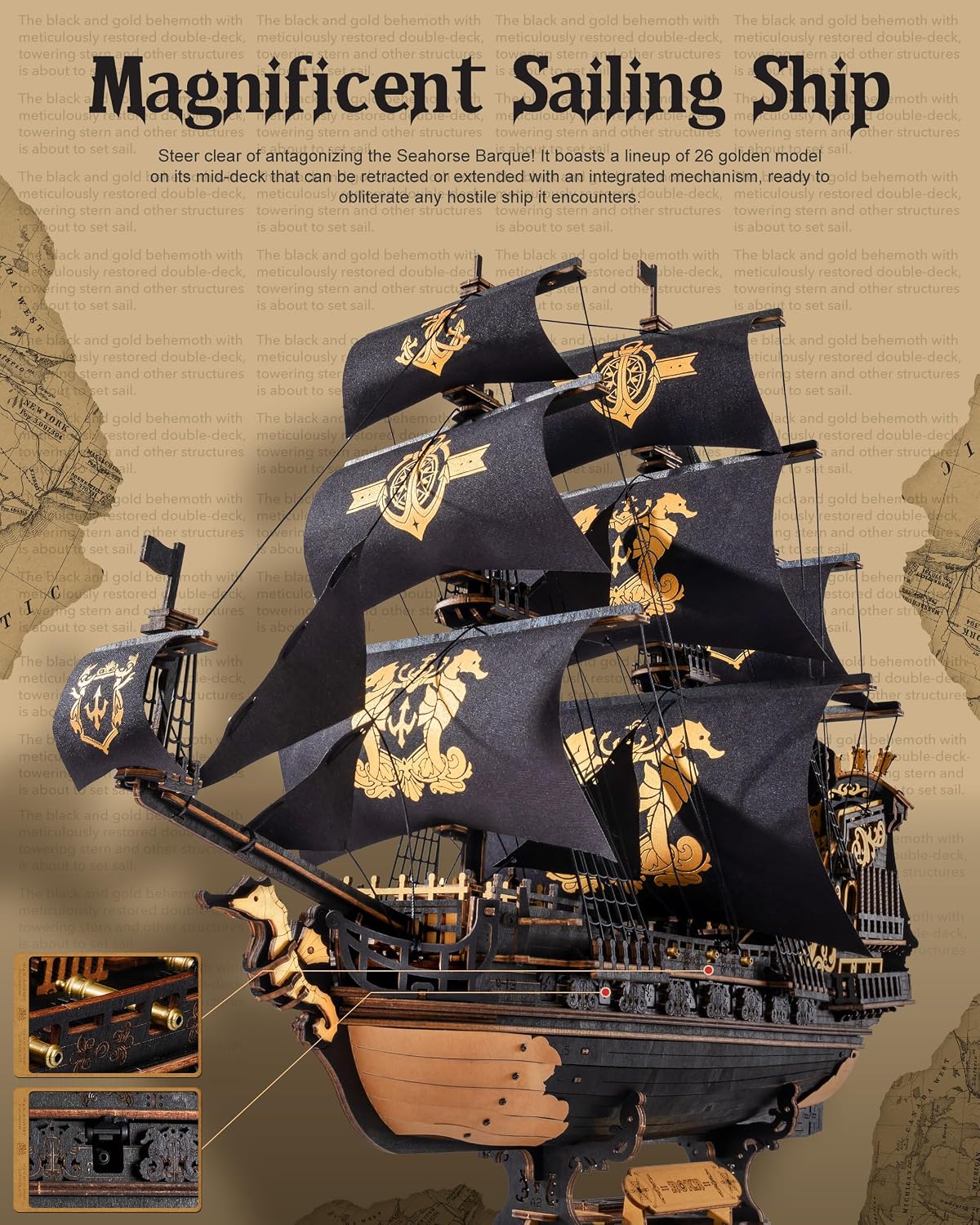 ROBOTIME Rompecabezas de madera 3D de caballito de mar para adultos, kits de modelo de velero negro para niños y hombres, decoración de oficina en casa, regalos de construcción de barcos piratas (603