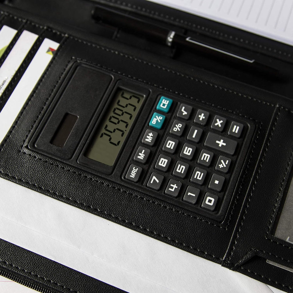 cossini Premium Business portafolios/portadocumentos de piel sintética con cierre y funda interior para tablet de 10.1 pulgadas (Bonos: Libreta de notas, calculadora, bolígrafo y eBook)