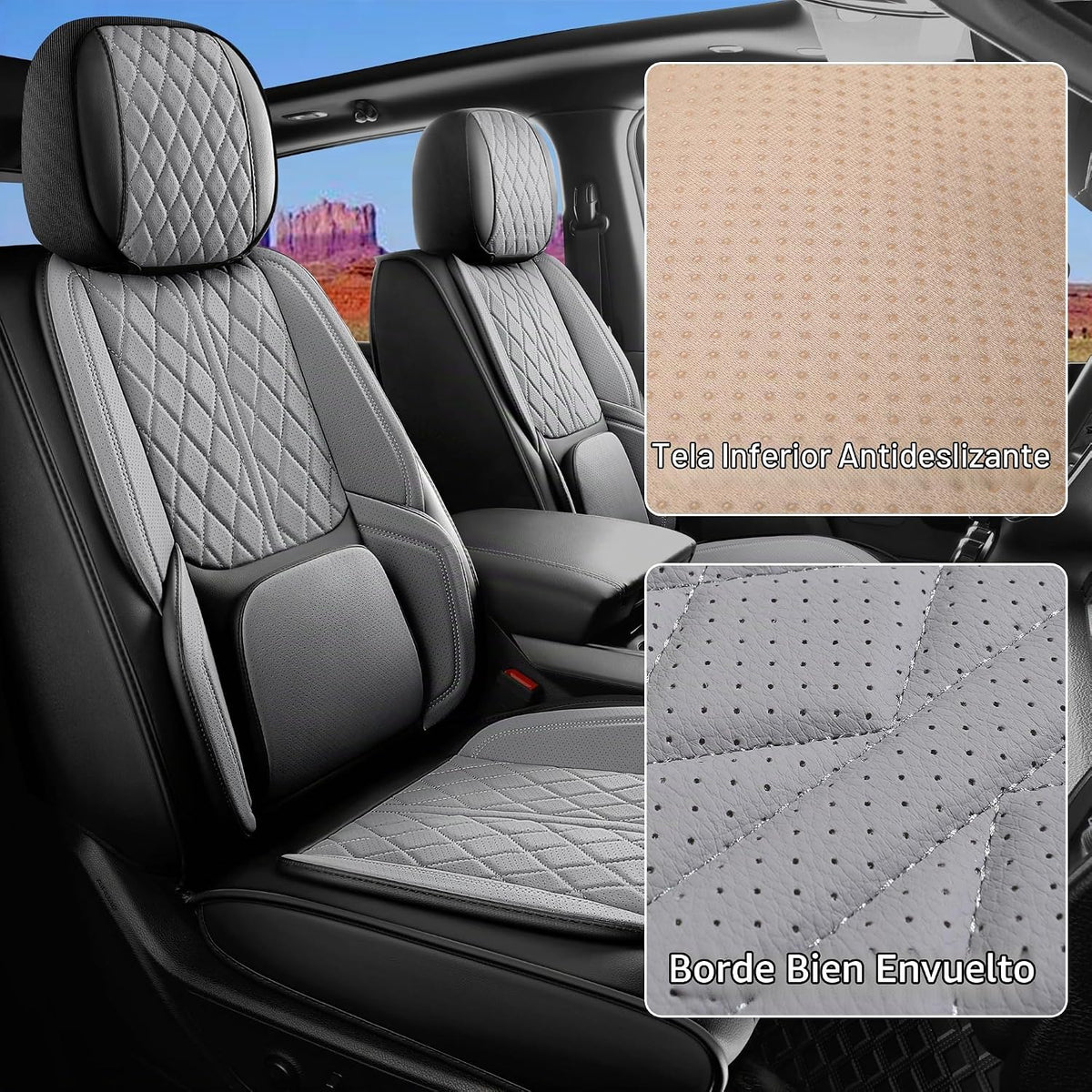 Funda de asiento de automóvil ajuste personalizado para Dodge Ram 1500 2500 3500 2002-2026, juego de fundas de asiento de piel sintética compatible con cojines de cabina regular Crew Quad (negro y gris, juego completo, trasero curvado)