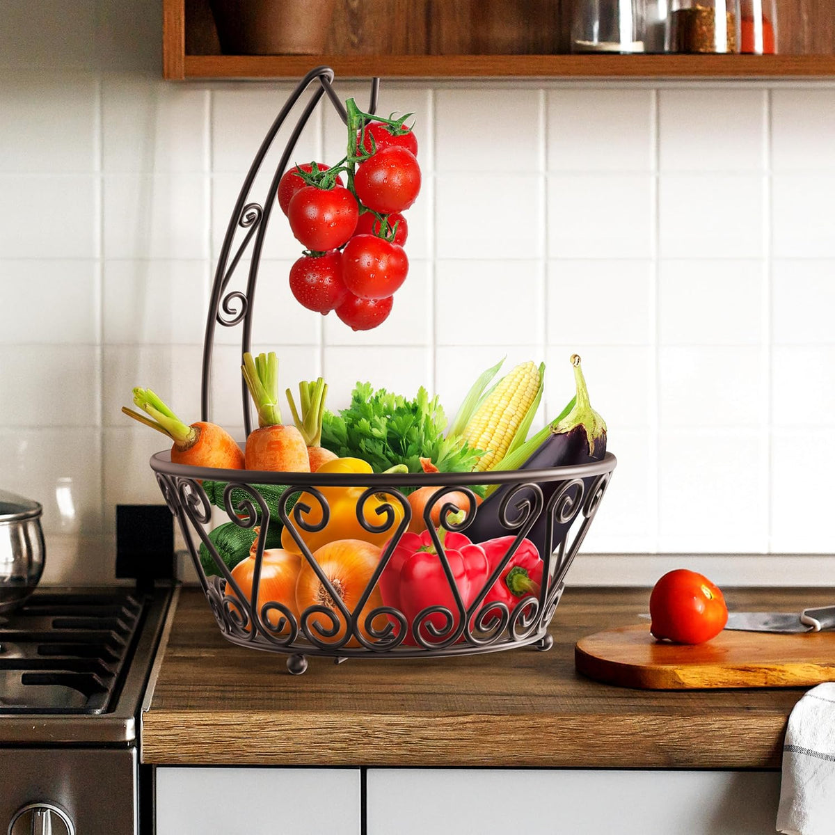 SimpleHouseware Canasta de frutas con colgador de árbol de plátano, de color bronce