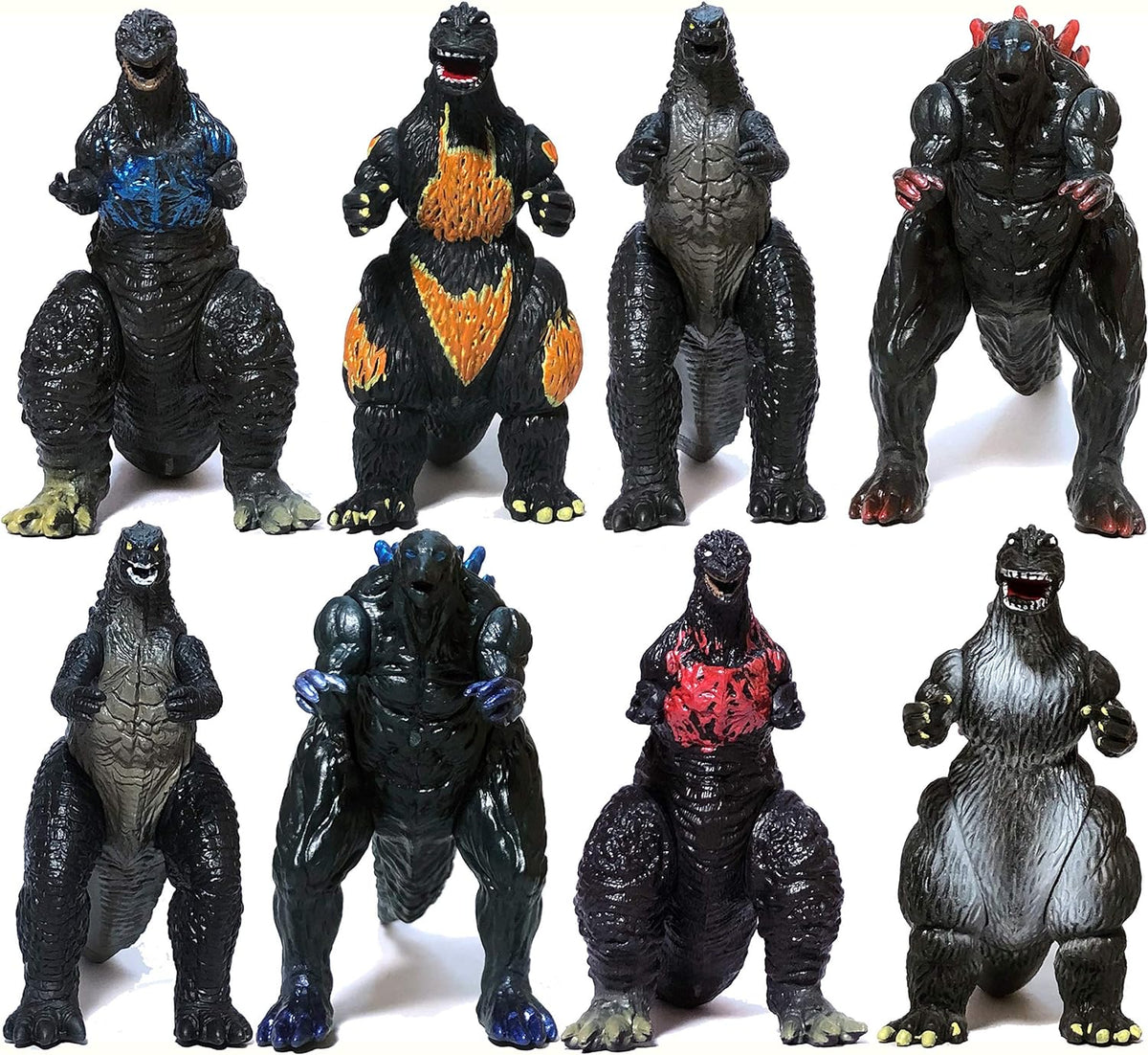 Godzilla Toys - Juego de 8 figuras de acción articuladas para cumpleaños infantiles 2019, Rey de los Monstruos Ardiente Heisei Mecha Ghidorah, paquete de plástico mini dinosaurio Playsets para tortas
