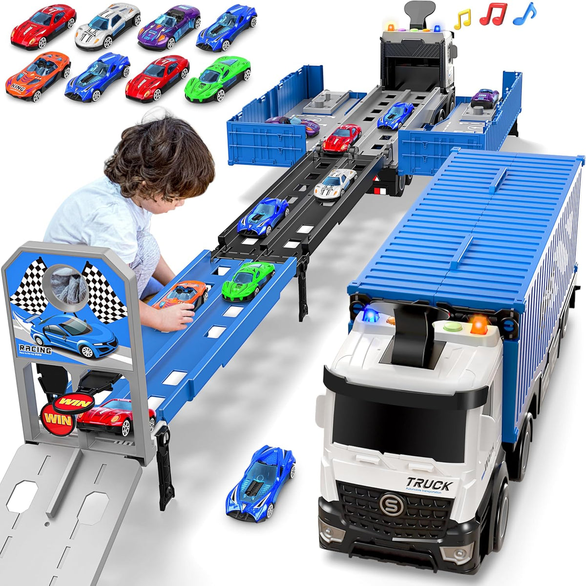 Camión Transportador de Pista de Carreras Juguetes para Niños Pequeños, Azul