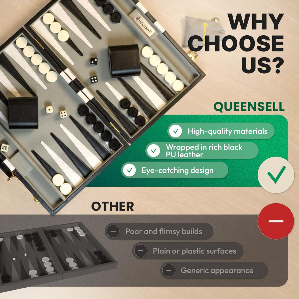 Juegos grandes de backgammon negro para adultos, juegos de mesa clásicos para 2 jugadores, adultos y niños, juego de backgammon premium de 15 pulgadas y 32 piezas de backgammon en funda de piel sintética de calidad