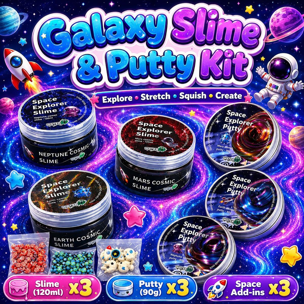 Kit de slime y masilla Galaxy para niños, 6 frascos de tamaño completo, 3 x 4 onzas líquidas de slime cósmico y 3 masillas que cambian de color de 3.2 onzas con complementos espaciales