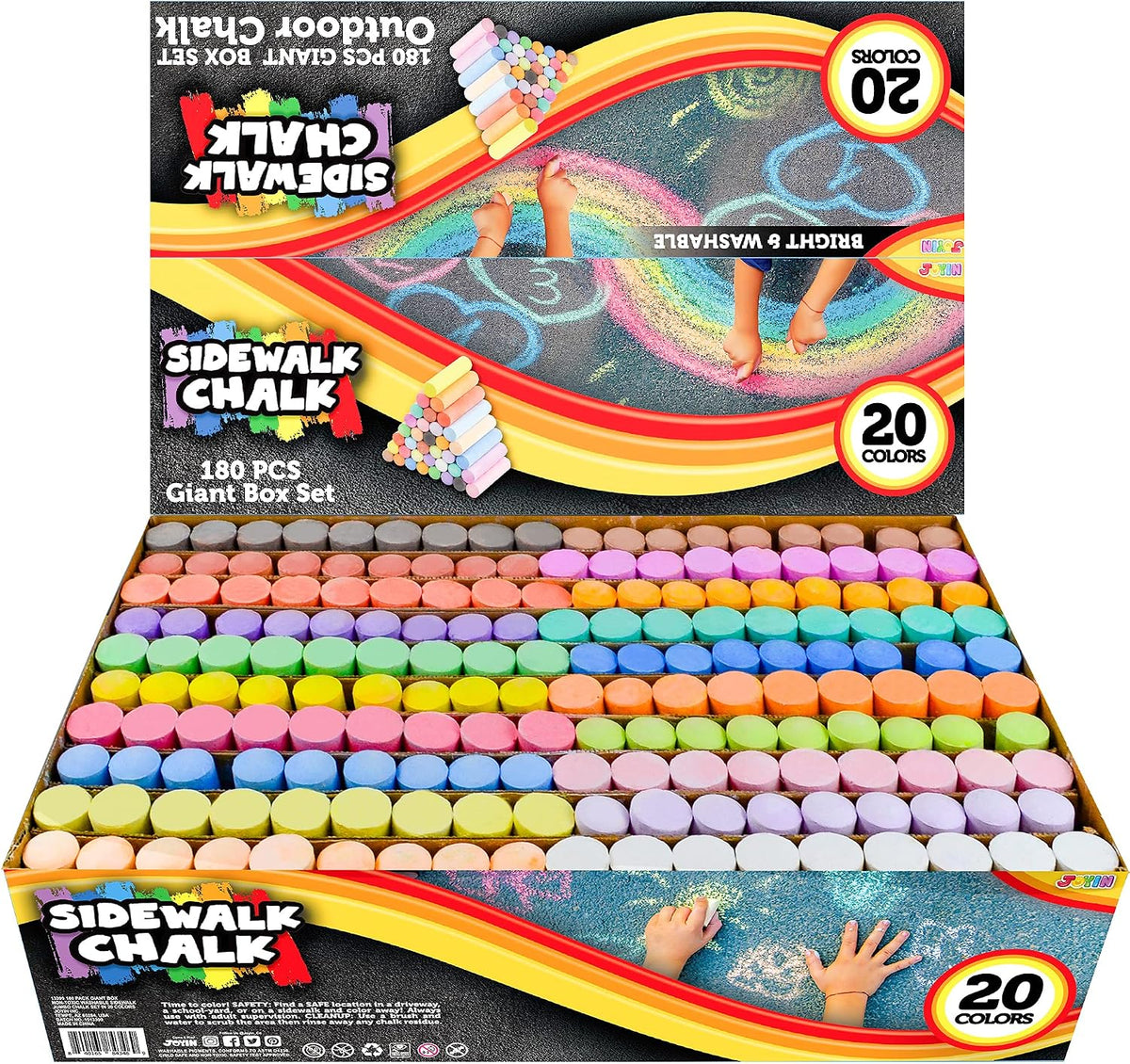 JOYIN Juego de 180 tizas lavables para acera en 20 colores, no tóxicas, jumbo, para juegos de arte al aire libre, pintura en pizarra, pizarra y parque infantil