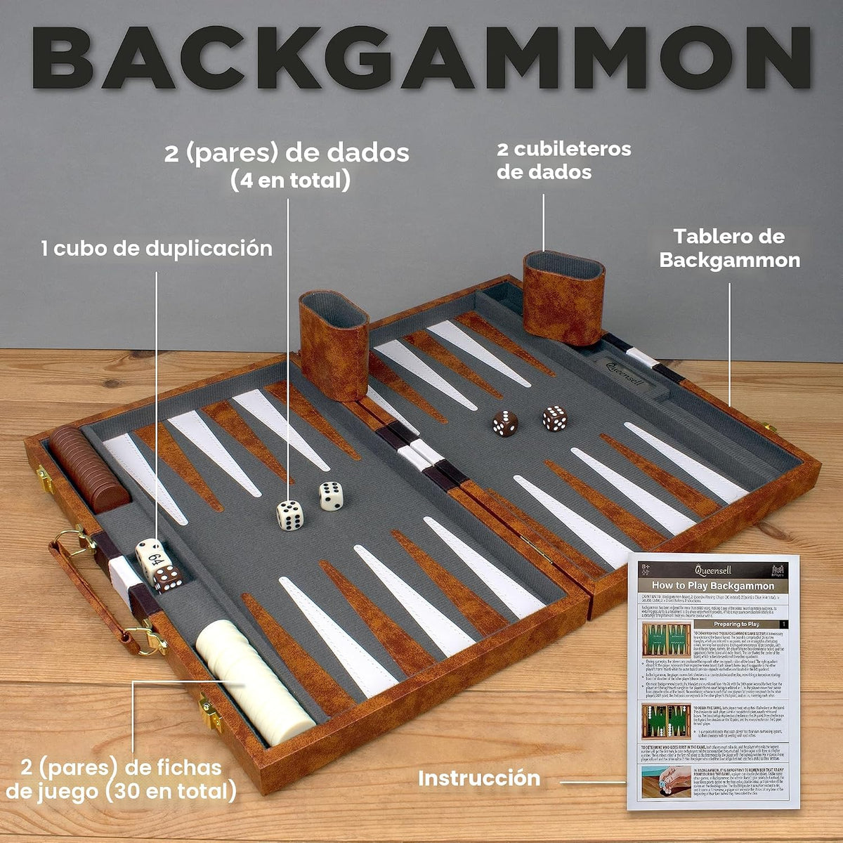 Juegos de Backgammon Grandes para Adultos - Juegos de Mesa Clásicos para 2 Jugadores Adultos y Niños - Juego de Backgammon Premium Tablero de 15 Pulgadas y 32 Piezas de Backgammon en Estuche de Cuero