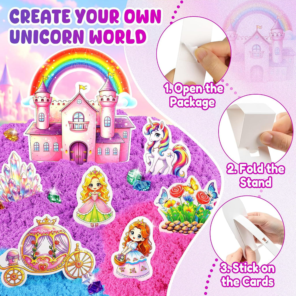 Cubo sensorial de unicornio, kit de arena sensorial de princesa de 28