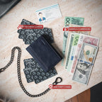 VULKIT Billetera para hombre con cadena antirrobo con bloqueo RFID, billetera triple plegable, diseño elegante, Azul marino, Cartera antirrobo