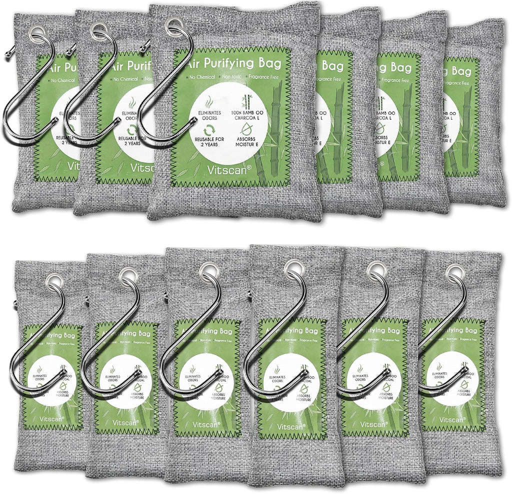 12 paquetes de bolsas purificadoras de aire de bambú, bolsas de carbón activado absorbentes de olores, absorbentes de humedad, ambientador de aire natural para auto, desodorante para zapatos