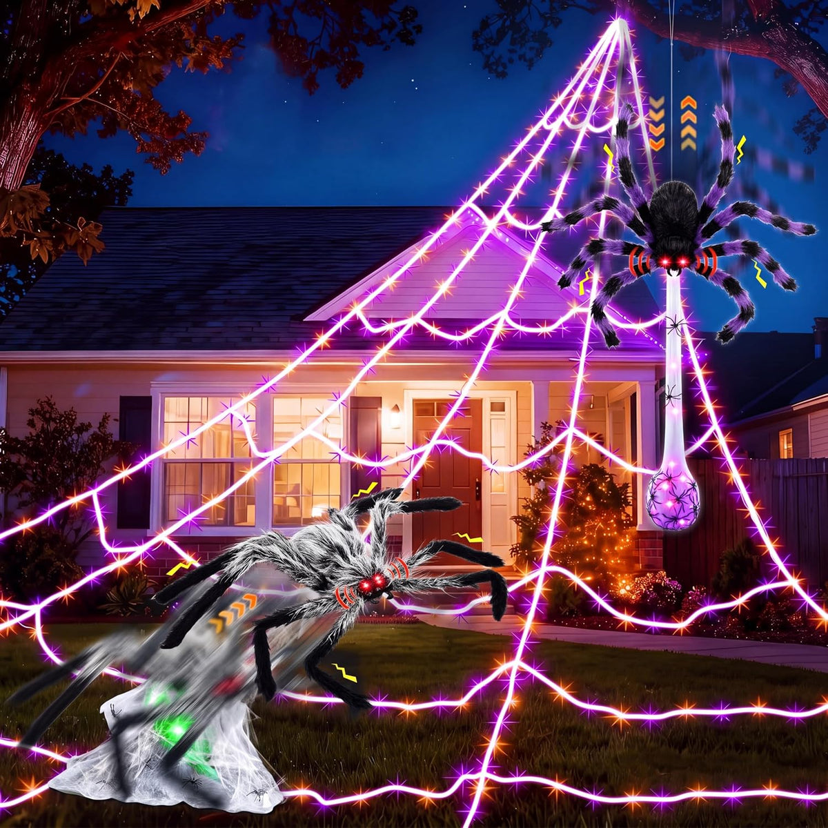 Decoración de luces de telaraña de Halloween + 2 arañas saltadoras