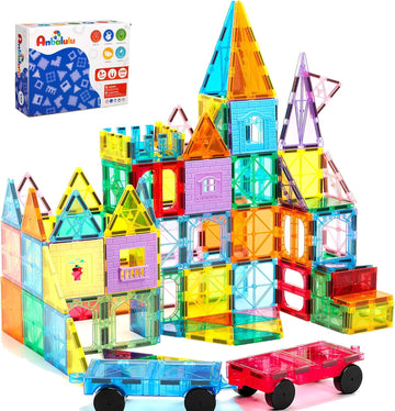 Azulejos magnéticos, 100 bloques para niños, juego de construcción magnética con 2 carros, juguetes educativos sensoriales STEM, regalo para niños pequeños de 2 años
