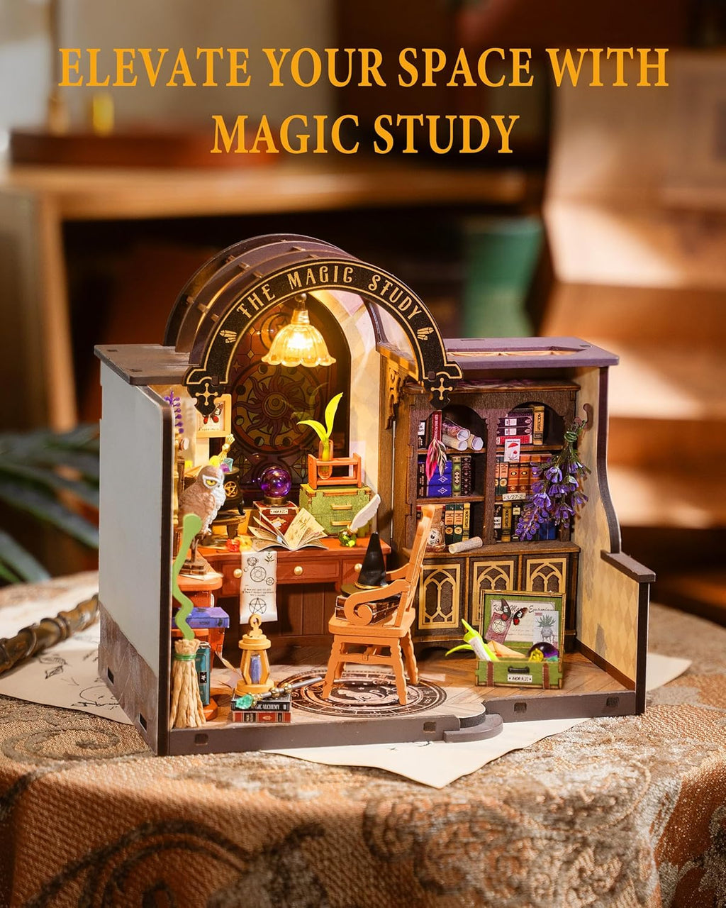 Rowood Kit de casa en miniatura para estudio mágico, kit de casa de muñecas en miniatura para adultos, kits de manualidades de mago para mujeres con LED, regalo de cumpleaños de Navidad para adultos (estudio mágico)