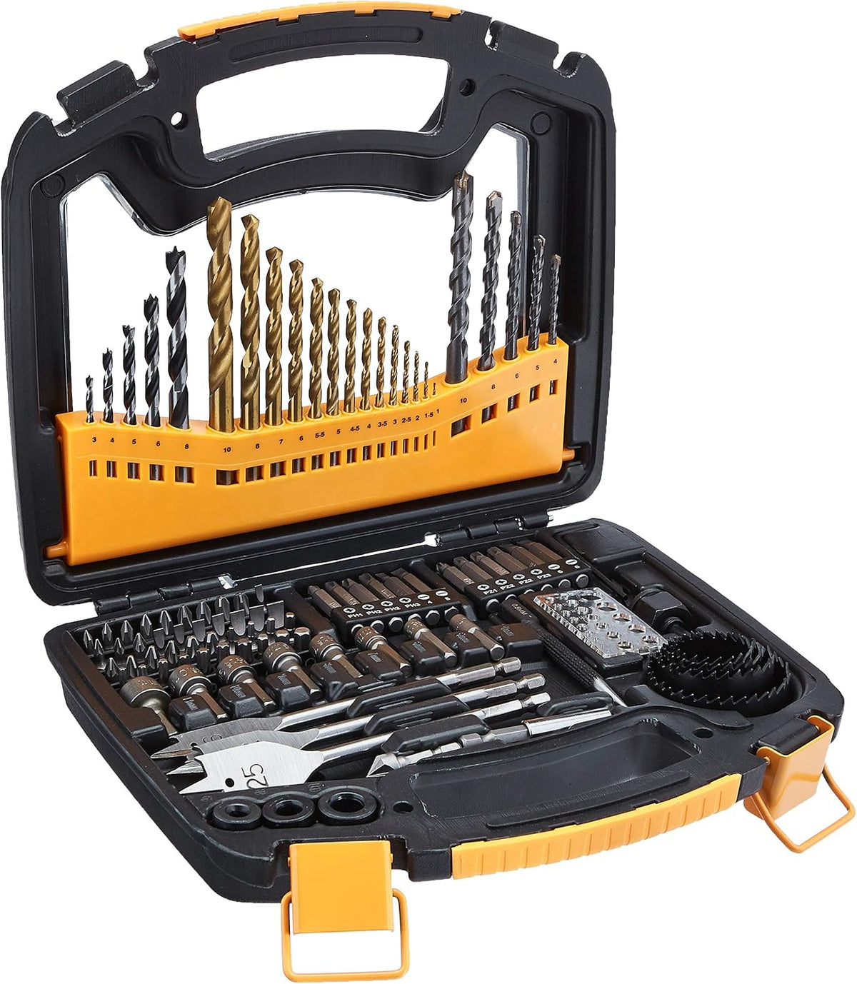 Amazon Basics Drill & Driver - Juego de brocas de acero aleado para metal, madera, plástico, mampostería, con estuche de almacenamiento, 100 piezas