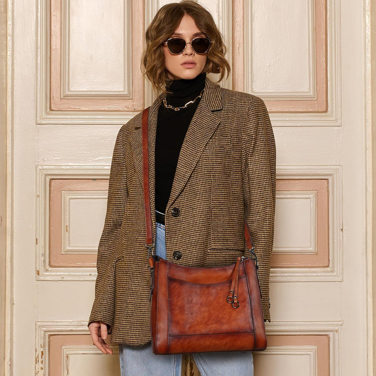 Iswee Bolsos cruzados de cuero para mujer, bolso de hombro mediano Hobo de piel auténtica, carteras y bolsos