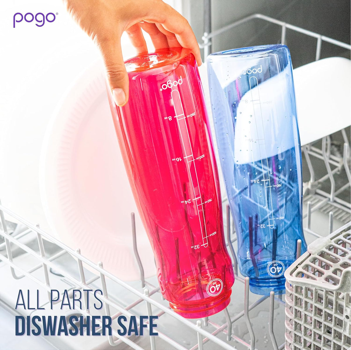 Pogo Botella de agua de plástico sin bisfenol A con tapa con pico de 32 onzas, color morado