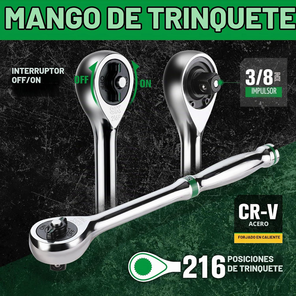 SK Juego de llaves de vaso de 3/8" con trinquete 216-P, SAE y métrico