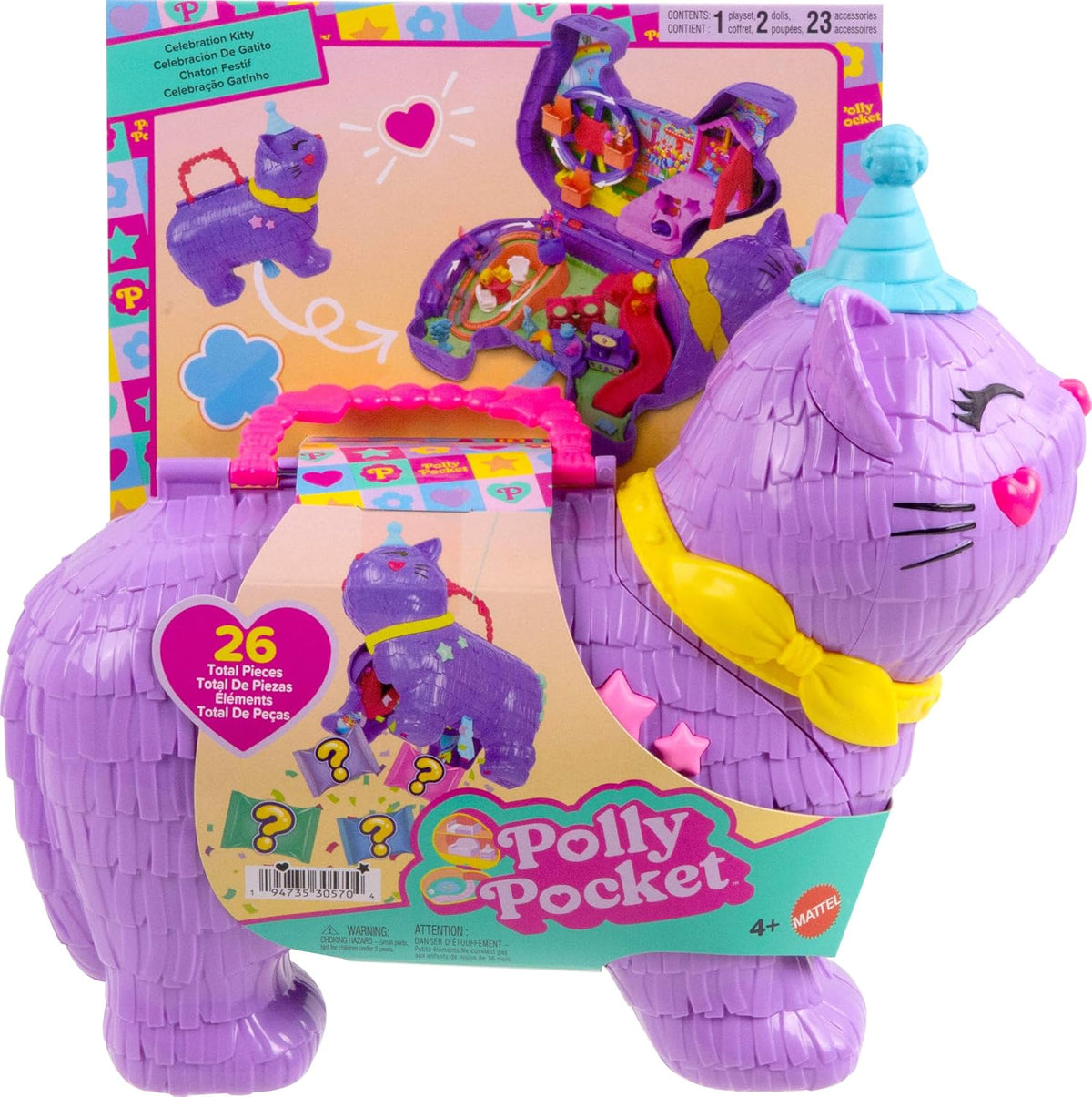 Polly Pocket Micro muñecas y set de juego con 23 accesorios sorpresa incluyendo mascotas, fiesta de cumpleaños, celebración de gatito, paseo en la rueda de la fortuna