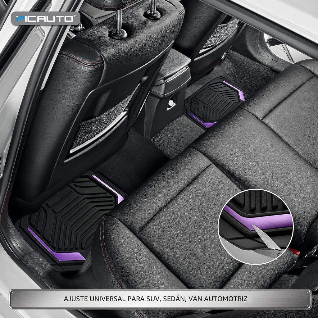 PIC AUTO Alfombras de piso de goma resistentes, juego de alfombrillas de auto de película de aluminio púrpura, alfombrillas delanteras y traseras para auto con respaldo antideslizante, protección para