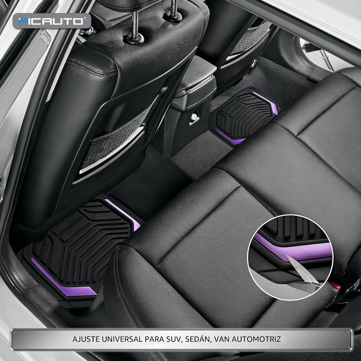 PIC AUTO Alfombras de piso de goma resistentes, juego de alfombrillas de auto de película de aluminio púrpura, alfombrillas delanteras y traseras para auto con respaldo antideslizante, protección para