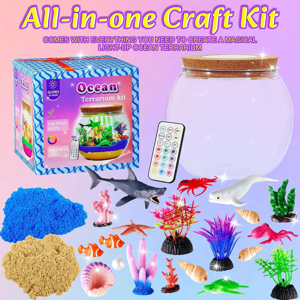 Gifmore Kit de terrario con luz oceánica para niños, juguetes de manualidades de animales marinos de tiburón, regalos de cumpleaños para niños y niñas de 4 a 12 años