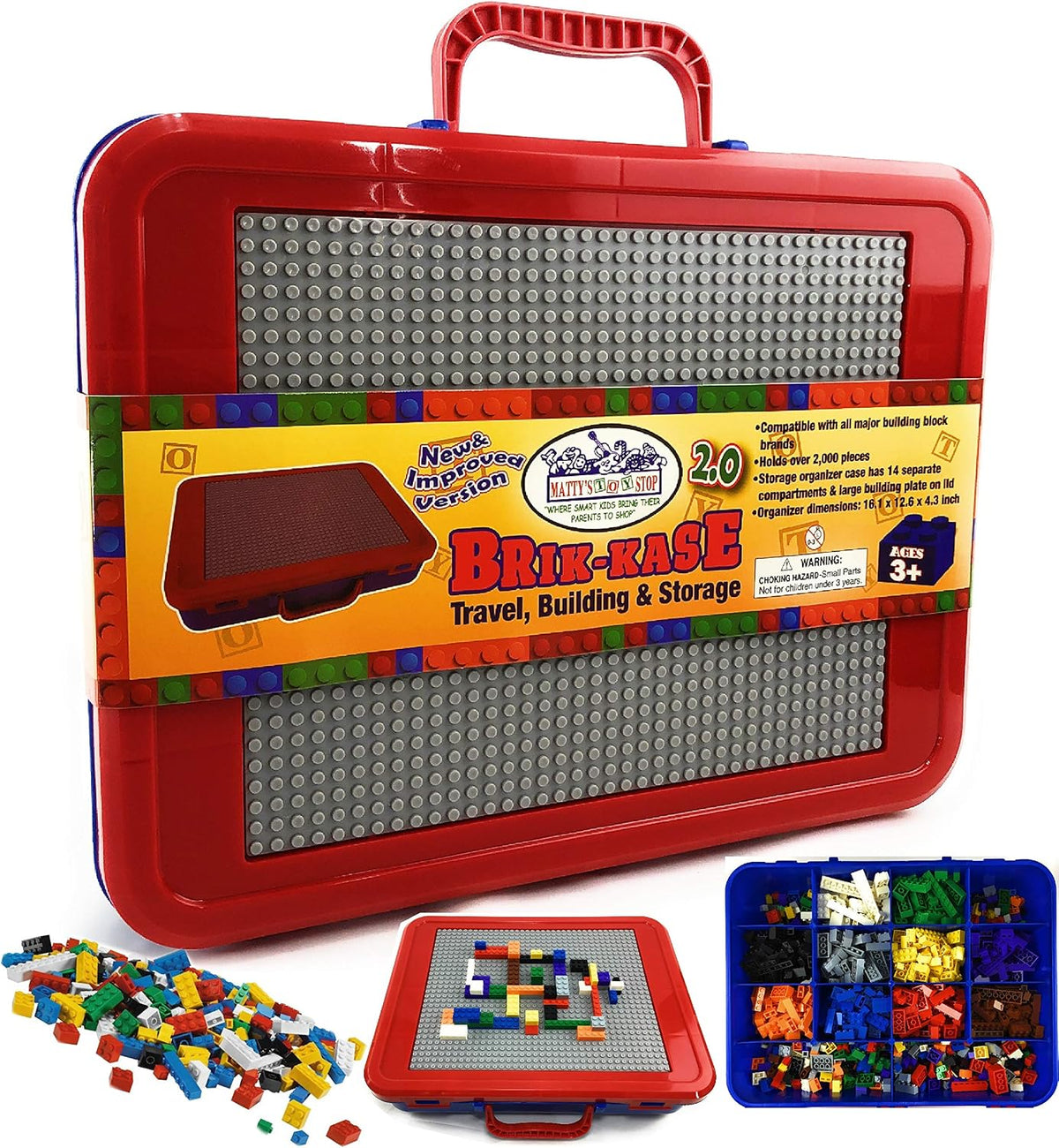 Matty's Toy Stop Brik-Kase 2.0 - Contenedor organizador para viajes, construcción, almacenamiento y tapa para placa de construcción (tiene aproximadamente 2000 unidades), compatible con todas las