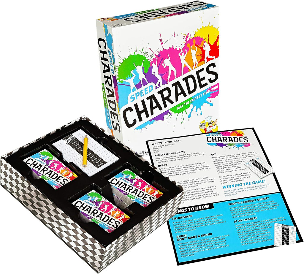 Juego de fiesta Speed Charades - Juego de mesa Charades - Incluye 1400 charadas - Perfecto para grupos y noches de juego familiares
