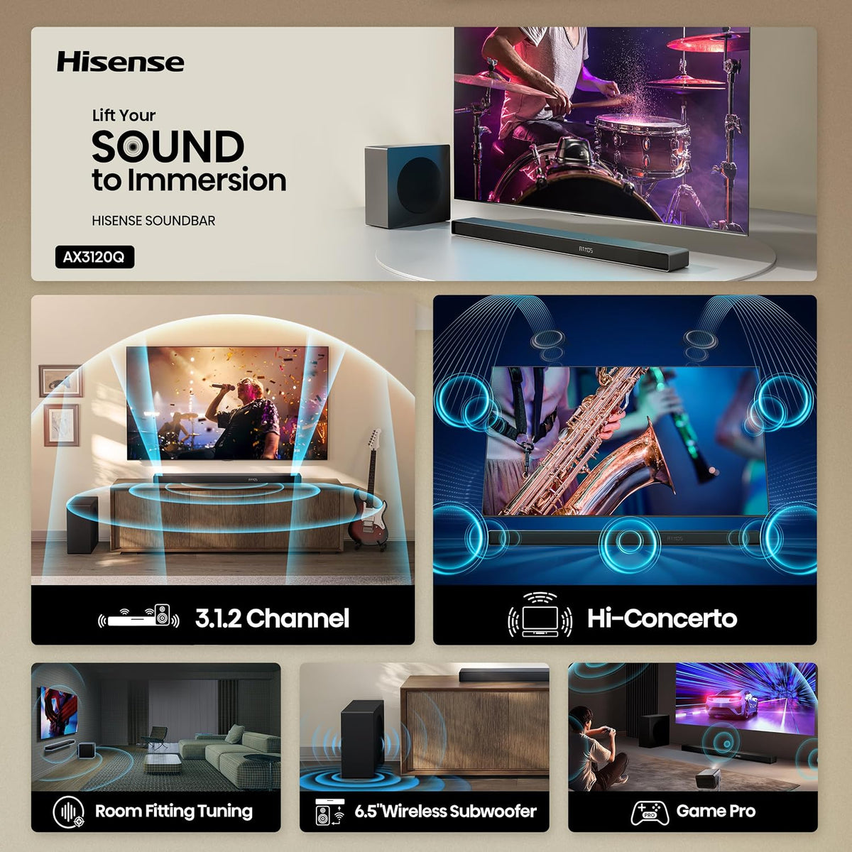 Hisense AX3120Q - Barra de sonido de 3.1.2 canales con subwoofer inalámbrico, altavoces de encendido ascendente, Dolby Atmos, DTS:X, Bluetooth 5.3, HDMI eARC, Roku TV Ready, control de aplicación y control remoto, 7 modos de ecualización, Hi-Concerto