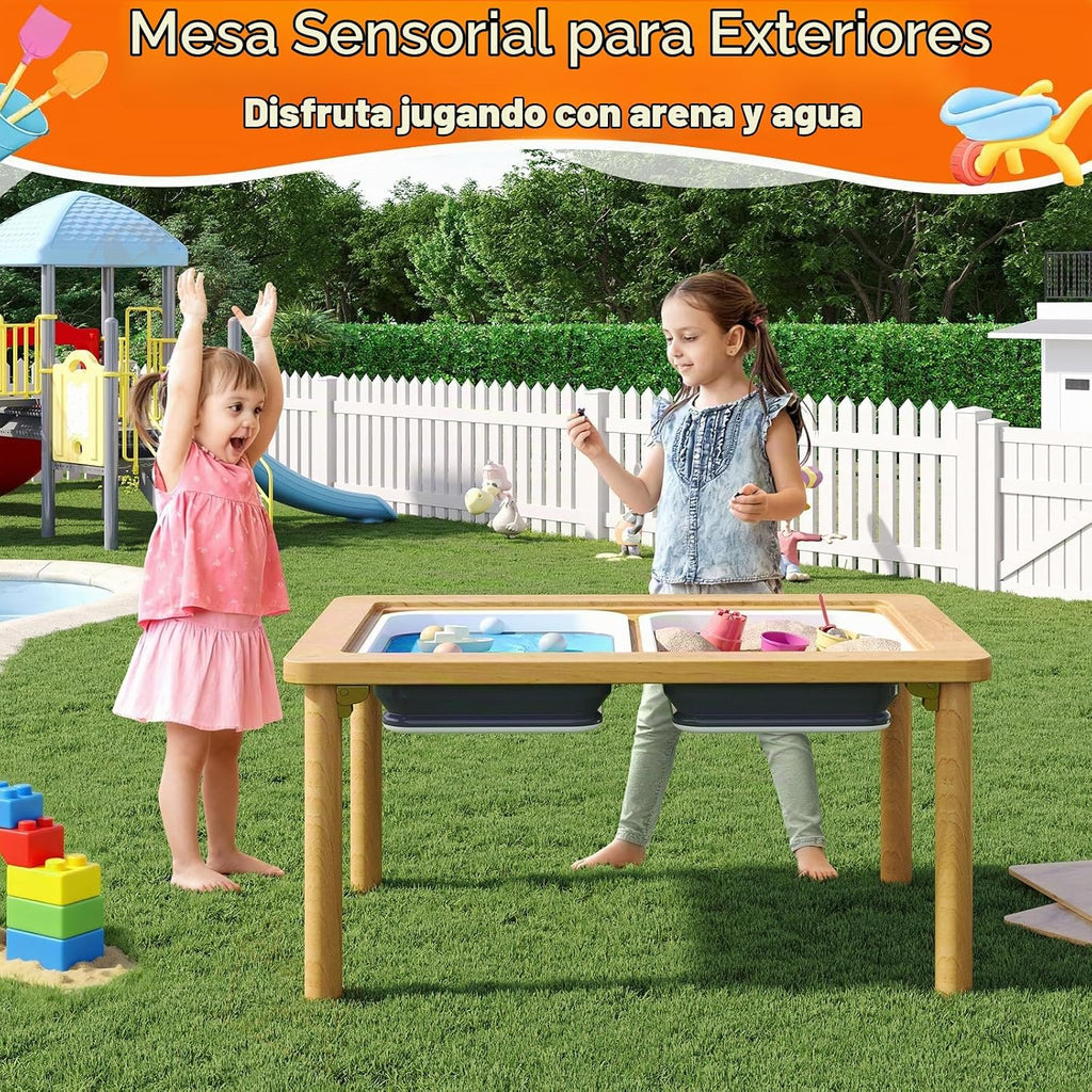 FUNLIO Mesa sensorial plegable de madera con 2 contenedores para niños pequeños, mesa sensorial para niños con tapa de madera contrachapada antideformación, juego de arena y agua para interiores y exteriores, certificado CPC