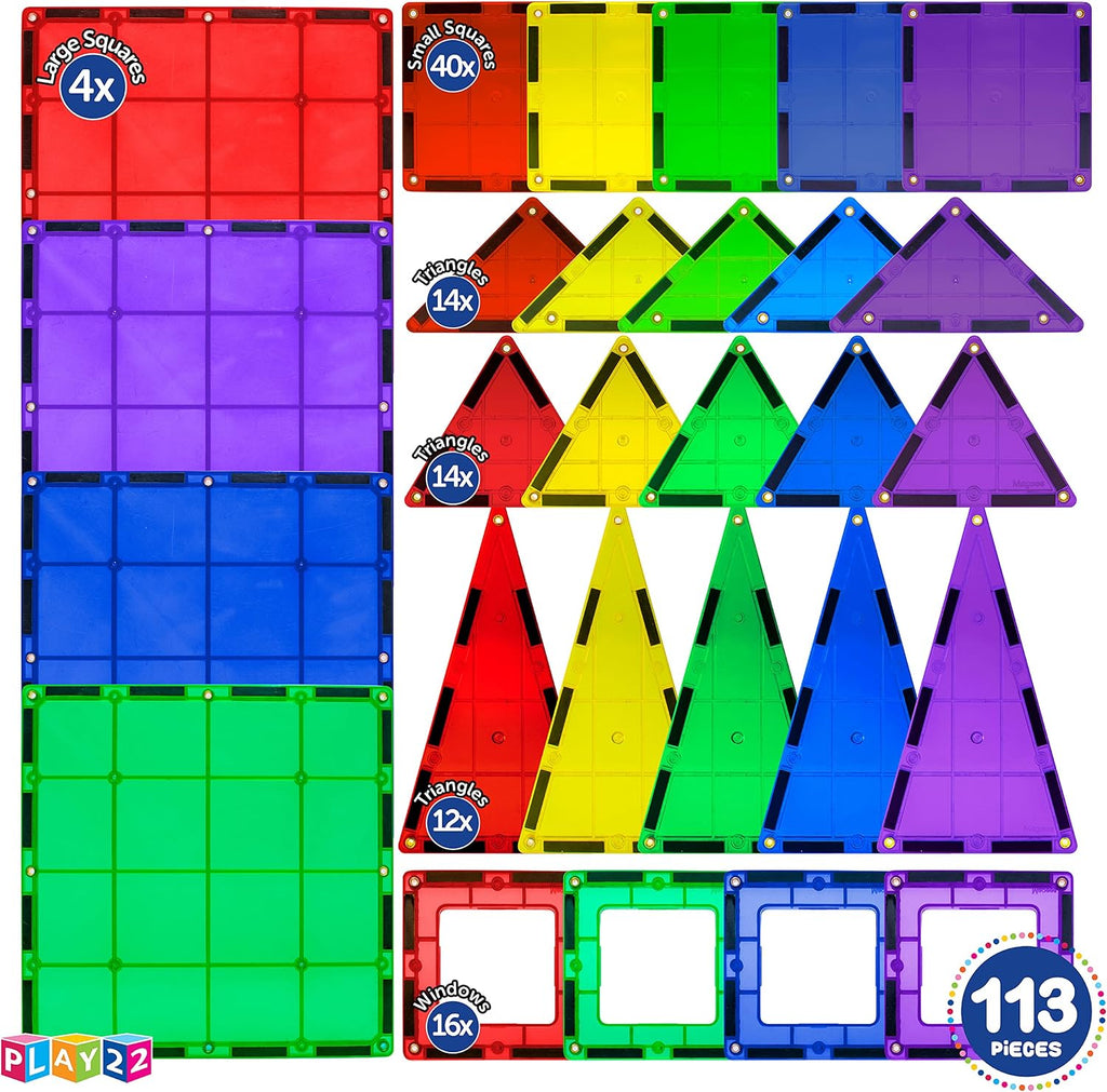 Bloques de construcción de azulejos magnéticos, juego avanzado de 113 piezas, juguetes STEM para niños y niñas de más de 3 años, imanes más fuertes, incluye 13 tarjetas del alfabeto, aprendizaje