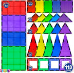 Bloques de construcción de azulejos magnéticos, juego avanzado de 113 piezas, juguetes STEM para niños y niñas de más de 3 años, imanes más fuertes, incluye 13 tarjetas del alfabeto, aprendizaje