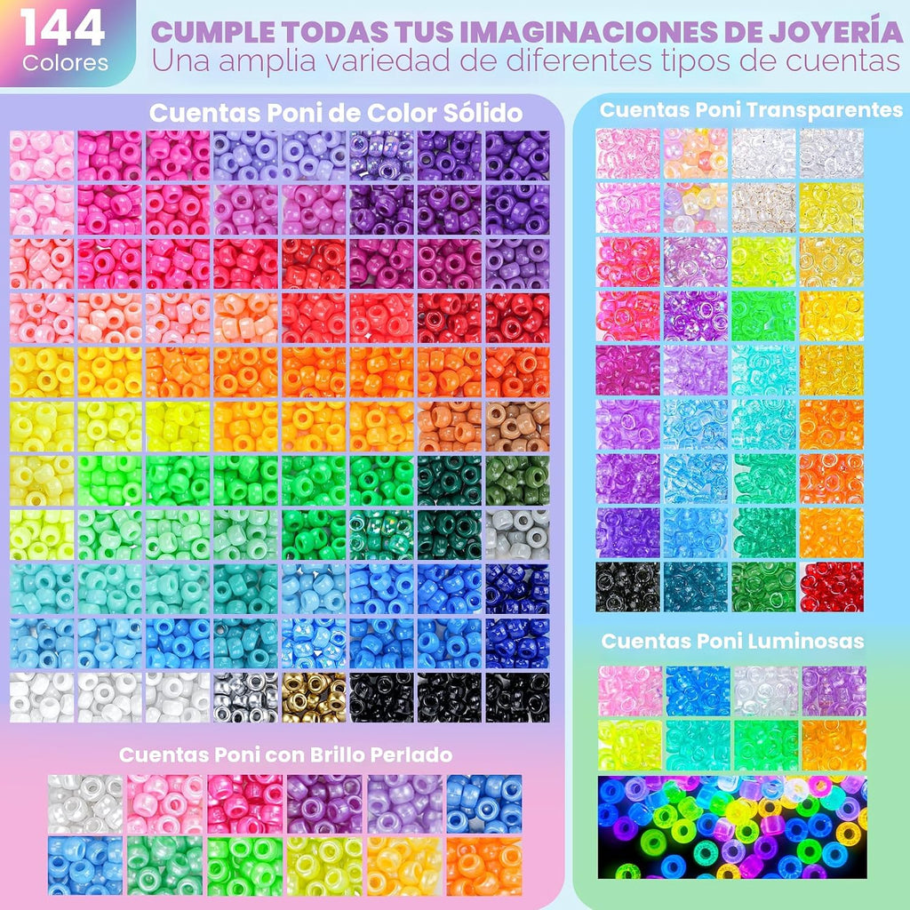 Gionlion - Kit de 7 cajas de 144 colores, 5000 cuentas de poni Kandi Rave | Kit de pulsera de la amistad de caramelo de 0.236 x 0.354 in con 800 cuentas de letras para bricolaje, llaveros