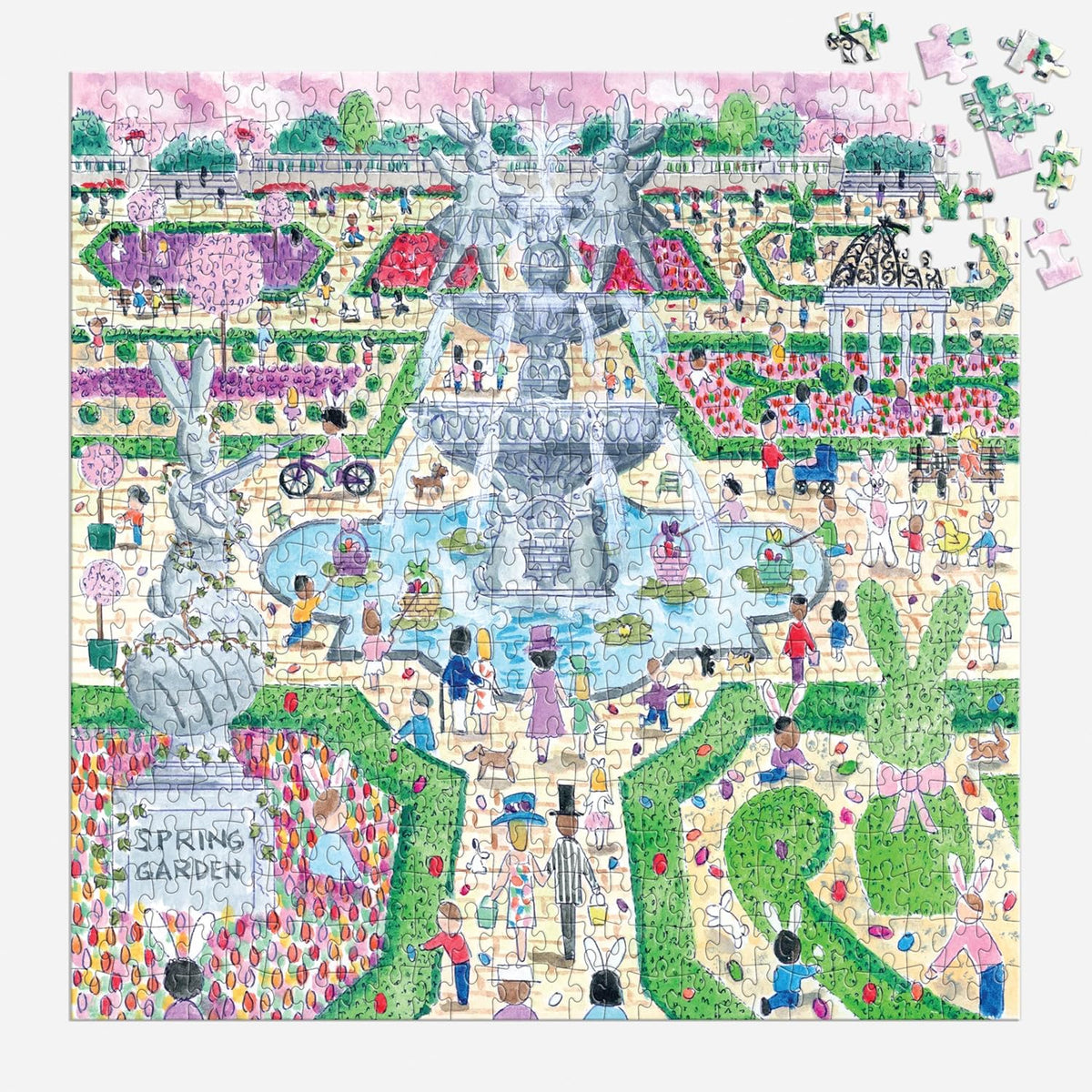 Galison Spring Egg Hunt - Rompecabezas de 500 piezas de Michael Storrings con hermosas obras de arte de una búsqueda de huevos de jardín de Pascua y primavera