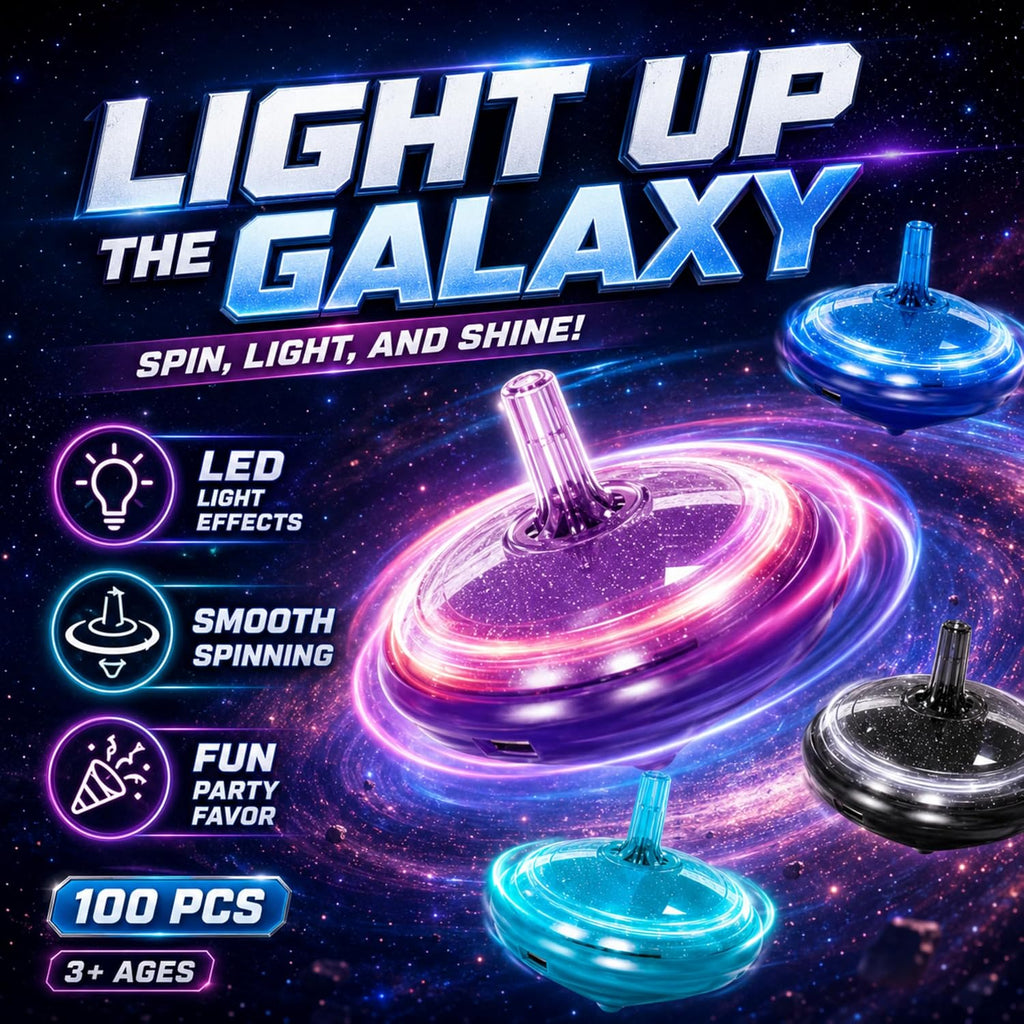 Tops giratorios LED intermitentes para niños, recuerdos de fiesta a granel y premios de aula (Galaxy - 100 piezas)