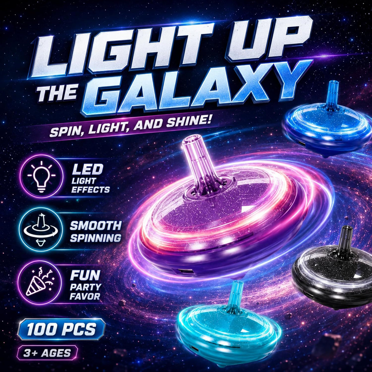 Tops giratorios LED intermitentes para niños, recuerdos de fiesta a granel y premios de aula (Galaxy - 100 piezas)