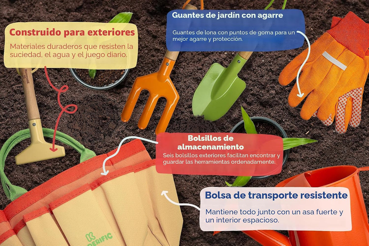 Juego de Jardinería, Kit de Herramientas, para Niños, STEM, Incluye Bolsa de Transporte, Pala, Regadera, Rastrillo, Horquilla, Paleta y Guantes (Sunshine)