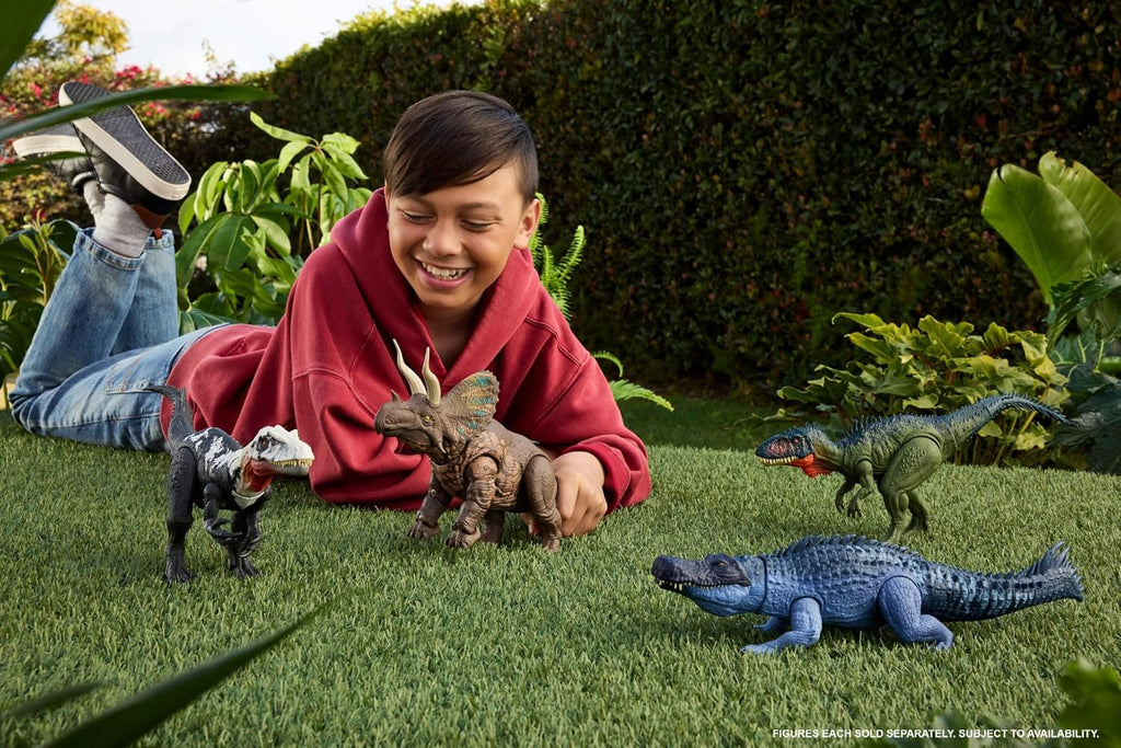 Mattel Jurassic World Rebirth Figura de Dinosaurio Thrashers Gigantes, Juguete de Especie Grande Purussaurus, 2 Ataques de Furia, Juego Digital
