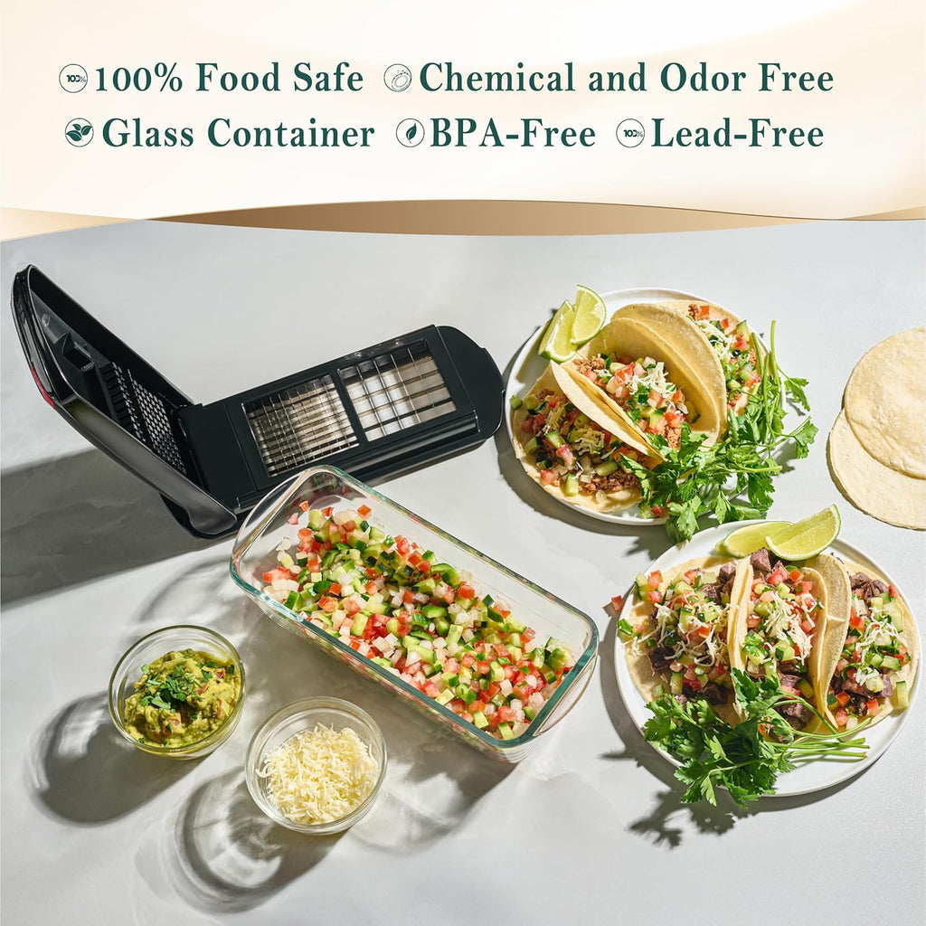 Le'raze Picadora de verduras 13 en 1 Pro con recipiente de vidrio, cuchillas de acero inoxidable, sin BPA, cortador de mandolina, manual