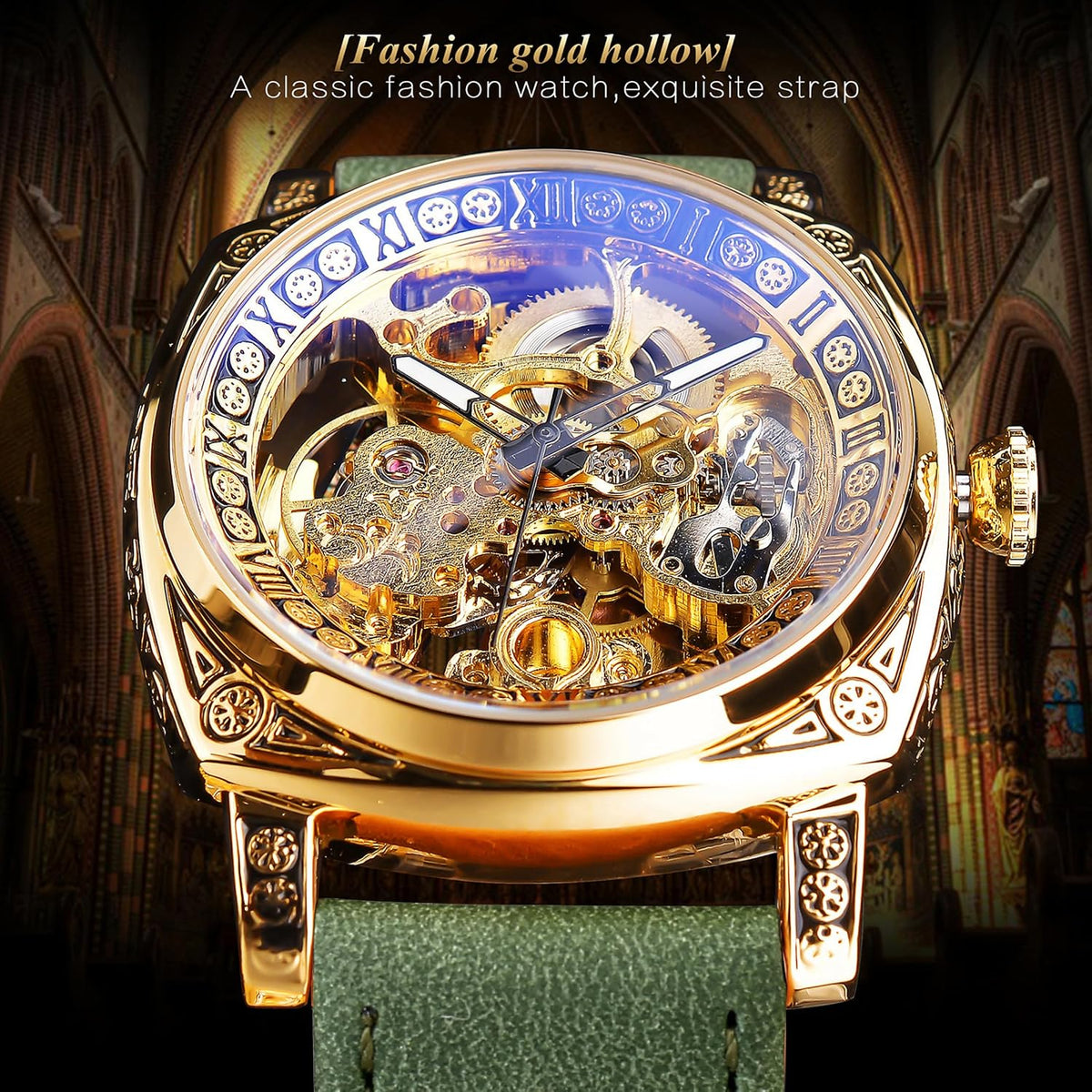 FORSINING Relojes para Hombre, Reloj Mecánico Retro Cuadrado Automático Tallado, Reloj de Pulsera Esqueleto de Cuero Vintage con Correa de Cuero